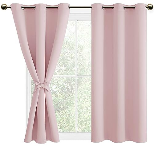 DWCN Blackout Curtains with Tiebacks for Bedroom Thermal Insulated Solid Eyelet Curtains for Living Room,2 Panels,46 Wide x 54 Drop Pink