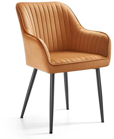 SONGMICS Dining Chair, Kitchen Chair, Velvet Armchair, Upholstered with Armrests, Max. Load 120 kg, Metal Legs, for Dining Room, Lounge, Caramel Brown and Ink Black LDC087KN01