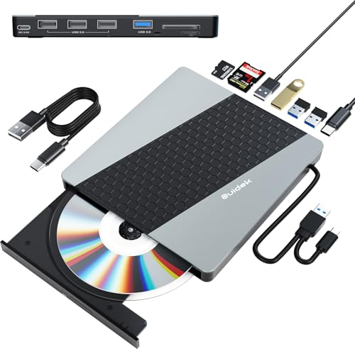 SUIDEK Unità CD/DVD esterna, USB 3.0 USB C portatile CD DVD +/-RW masterizzatore DVD con lettore di schede SD/Micro SD 7 in 1 Hub compatibile con computer portatile, Mac, PC, Windows Linux