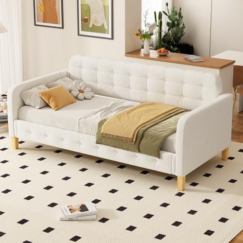 Azkoeesy Polsterbett Sofabett Tagesbett 90 x 200 cm, mit Lattenrost, Knopf Nagelverzierung, Armlehne und Rückenlehne, Bezug aus Leinen (Beige)