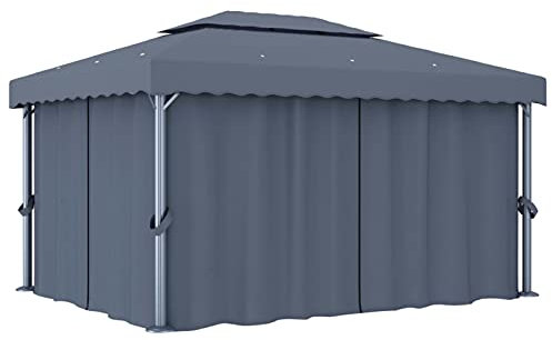 Homgoday Tonnelle avec Rideau 4x3 m Anthracite Aluminium, Tente de Réception Belvédère de Jardin, Gazebo Pavillon de Extérieur, Chapiteau pour Camping, Fête, Barbecue