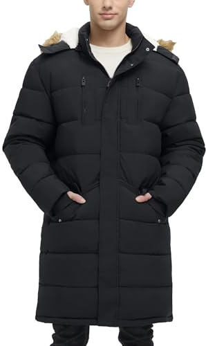 Rejork Men's Extra Long Fleece Puffer Jacket Outerwear Winter Coats Hooded Parka Warm Water-resistant Cold Weather Black XL