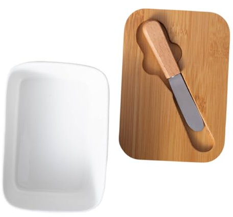 ABOOFAN Caja De Mantequilla Con Tapa De Bambú Repujado Mantequera De Cerámica Plato Para Mantequilla Con Tapa Almacenamiento De Alimentos