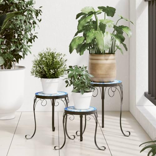 Gecheer Pflanzenständer 3 STK., Blumenständer Mosaik-Design, Blumenhocker für Garten Balkon Terrasse, Blumensäule Dekoständer, Blau Weiß Keramik