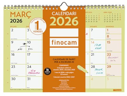 Finocam - Calendrier mural 2026 mois vue janvier - décembre 2026 + septembre 2025 (4 mois) réduits | Calendrier 2026 | Planning mensuel Trendy Grafik Catalan