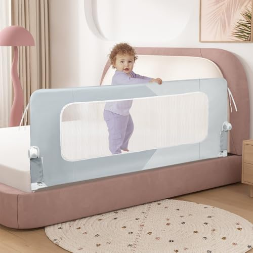 Willonin Barrière de Lit Bébé,Barrière de Sécurité, Réglable en Hauteur, Cadre Métallique Anti-Chute, Tissu Respirant, 150 * 73-86 cm - Gris Deux Tons