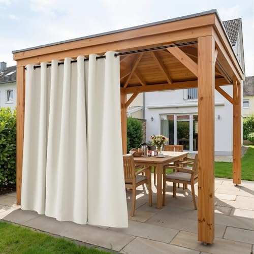 PONY DANCE Outdoorvorhang Wasserdicht 1er Set H 213 x B 254 cm Outdoor Gardinen Sonnenschutz & Sichtschutz Extra Breite Vorhänge mit Ösen für Pavillon/Terrasse/Pergola, Hellbeige