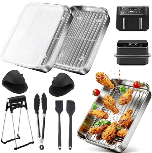 Auflaufform Airfryer aus Edelstahl 304, 8 Airfryer Zubehör, Tablett, Deckel, Grillrost, Silikonpinsel, Silikonspatel, Schüsselklammern, Kompatibel mit Modelle AF500EU, AF400EU, SL400EU, DZ400EU Usw