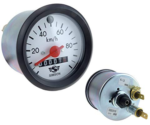 Tachometer - ø60mm - 100km/h - roter Zeiger, weißes Ziffernblatt mit SIMSON-Logo, schwarzer Ring, grüne Blinkkontrolle