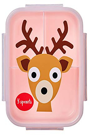 3 Sprouts, Fiambrera Bento, con 3 Compartimentos, Ideal para Contener y Transportar la Comida Infantil, con Decoración Ciervo Rosa, 21,6x14x6,4 cm