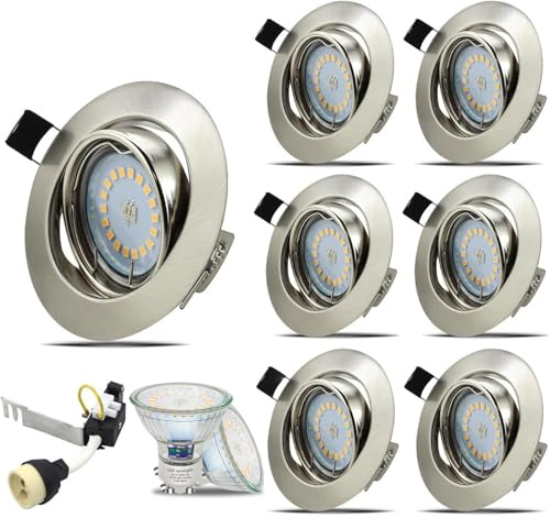 HiBay 6X 5W LED Recessed Ceiling Lights GU10 Downlights Warm White | Tilt, Round, Kitchen Spotlights Fitting, Energy Saving Lamp, Brushed Chrome, 240V