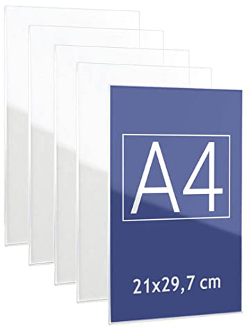 Danieli Store - Soporte de Pared de Metacrilato A4 Vertical para Carteles. Expositor con Adhesivo Doble Cara para Pared y Cristal. Soporte de Acrílico Transparente para Avisos (5 unidades)