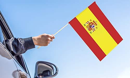 Oedim Confezione da 2 bandiere della Spagna con palo di legno da 85 cm | 67 x 45 cm | Bandiera resistente all'acqua