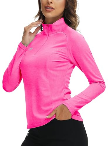 AjezMax Haut De Course Léger à Manches Longues T-Shirts de Sport Femme 1/4 Zip Tee Shirt Sport Séchage Rapide Fitness Rose Rouge X-Large