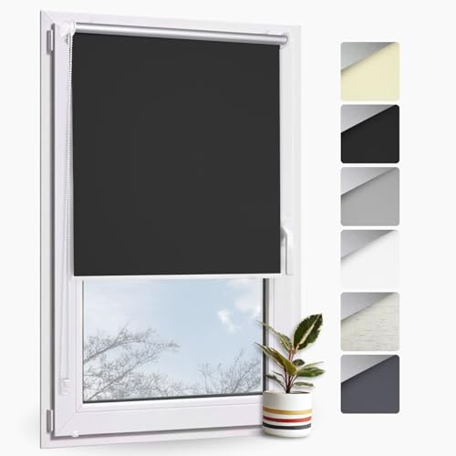 Rollmayer Verdunklungsrollo ohne Bohren Klemmfix Thermo Schwarz 95x220cm | Seitenzug Rollo für Fenster und Türen Blickdicht lichtundurchlässig Energiesparrollo einfache Montage