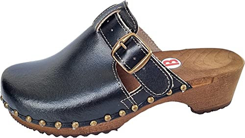 Generisch Elegante Schweden Holz Clogs - 35-36-37-38-39-40-41-42 *SCHWARZ* Echt Glatt Leder Schuhweite.NORMAL (38)