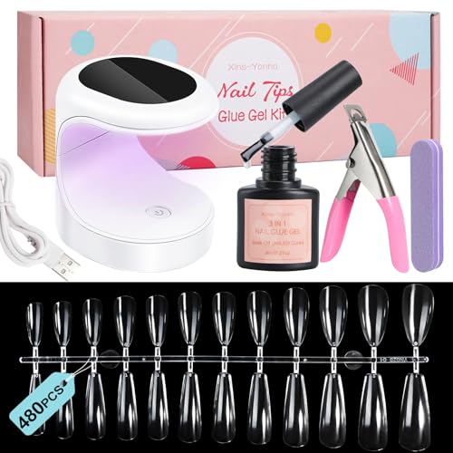 Kit Pose Americaine Ongles Avec 480pcs Capsule Americaine Ongle, Kit Ongle Gel UV Complet Faux Ongles Avec Colle + Lampe UV Led Ongles Gel +Coupe Capsules Ongles Et Colle Faux Ongles Pour Nail Art DIY
