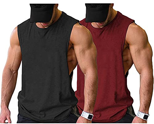 COOFANDY Mens Workout Tank Top Bodybuilding Gym T Shirt Cut Off Fitness Sport T Black/Wine Red(2pcs) Medium Sleeveless