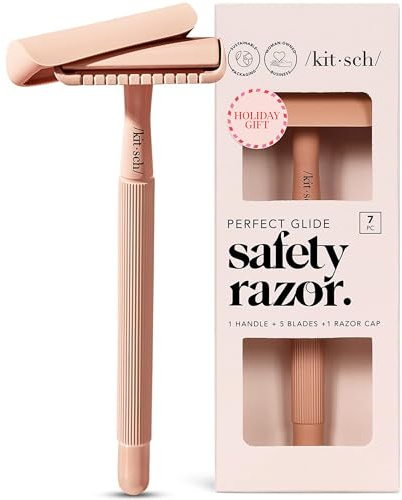 Kitsch Perfect Glide - Rasoio di sicurezza con manico in metallo e acciaio inossidabile, rasoio a una lama con 5 lame di sicurezza e 1 cappuccio per rasoio | Rasoio a lama singola senza trascinamento