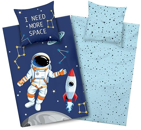 Aminata kids Weltraum Bettwäsche 135x200 Weltall-Motiv Kinder-Bettwäsche-Wende-Set Jungen Rakete Baumwolle | blau | Weltraum Motiv | mit Astronaut | YKK Reißverschluss blau