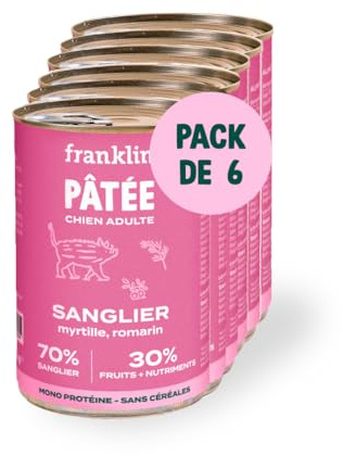 FRANKLIN – Pâtée pour Chien – sans Céréales – 70% Sanglier – Digestion Facile – Hypoallergénique – Riche en Protéine – Format Boite – 6 x 400g