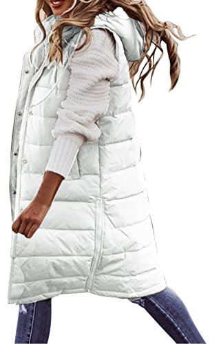 boseucn Lang Daunenweste Damen Wintermantel Vest Daunenweste Damen Mit Kapuze Schwarz Winddicht Ärmellose Übergangsjacke Super Warme Fleeceweste Baumwolle Weste Winterjacke Lange Weste (Z22-WH1, XXL)