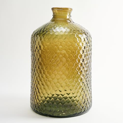 THE GLASS COMPANY Botella Grande de Vidrio Reciclado con Diseño de Escamas en Relieve - Garrafa Artesanal de Cristal Estilo Mediterráneo para Decoración del Hogar como Jarrón o Florero (Ámbar)