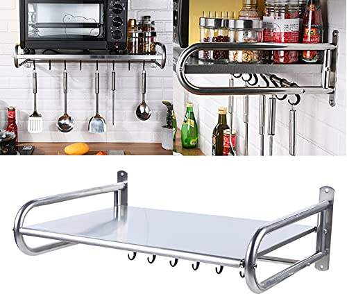 wanwanper Microwave Oven Shelf | Space-Saving Kitchen Rack for Microwave Oven, 53CM Single Tier with 6 Hooks | Wall Mounted Storage for Kitchen, Home & Garden