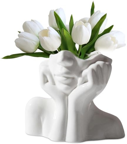 Face en Céramique Vase, Vase Ceramique, Blanc Statue Fleur Vase, Petit Vase Decoratif De Créativité Moderne, Visage Humain Vase Sculpture pour Le Décor De Chambre À Coucher De Salon