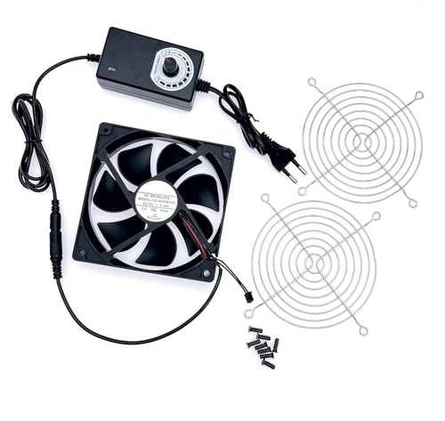JZK 0.3A DC 12V Ventilador refrigeración 12cm con control velocidad ajustable, 12025 ventilador sin escobillas con rejilla metálica para ventilador mascotas, máquina hielo, caja PC, 120mm x 25mm