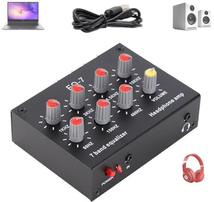 Zunate 7 Band Sound Equalizer, Input Output, 12dB High Bass Adjustment, Dual Channel Digital Equalizer with Headphone Compatibility and 3.5mm Interface, Aluminum Alloy Construction