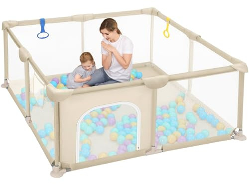 Dripex Laufstall Baby 124x124cm, Laufgitter Baby, Laufstall mit atmungsaktivem Netz, Laufgitter 210D Oxford Gewebe, Playpen, kinderlaufstall, Braun
