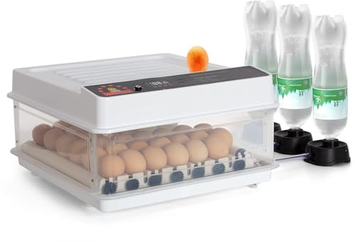 Todeco Incubadora Huevos Gallina, Incubadora Automática de 48 Huevos con Giro Automático de Huevos, Control de Temperatura, adición automática de agua, Lámparas de Huevo y doble potencia