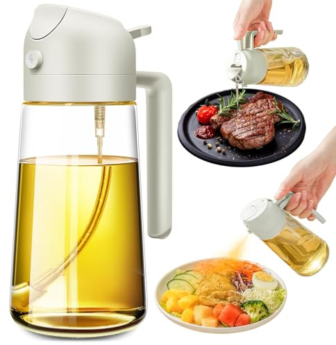 XoeLLe Ölsprüher für Speiseöl, 2 in 1 Multifunktions Ölflasche, 470ml Glas Öl Sprühflasche, Ölflasche Ausgießer und Sprüher, zum Kochen, Grillen, Backen, Heißluftfritteuse, Salat (Weiß)