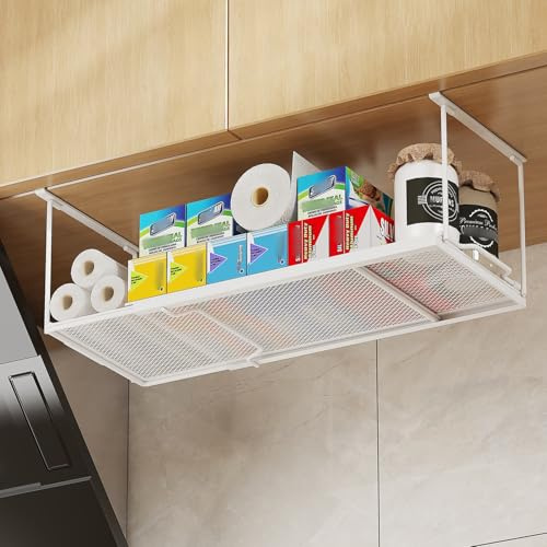 ROLIZOE Verstellbares erhöhtes Unterschrankregal, Metall-Unterregalkorb, hängend unter Schreibtischregal, Schrank, Schuhbank, Schrank, Badezimmer, Pappteller-Aufbewahrung (Weiß, Höher - 1 Stück)