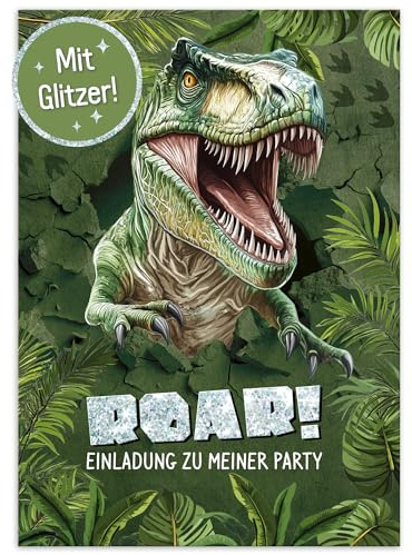 Häfft® 12 x Einladungskarten Kindergeburtstag A6 Dino | Party-Einladungen für Kinder, Geburtstags-Einladungen, 350 g/m²-Postkarten mit tollem Glitzer-Effekt für extra Vorfreude