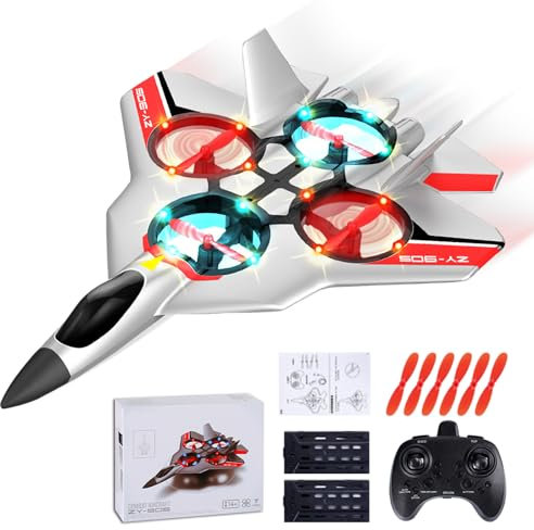 BARVERE RC Flugzeug 2.4GHz, 2 Batterien Flugzeug Ferngesteuertes für Doppelte Reichweite, Modellflugzeug Ferngesteuert mit 4 Achsen Gyro Stabilisator und LED für Kinder Anfänger Erwachsene (Silber)