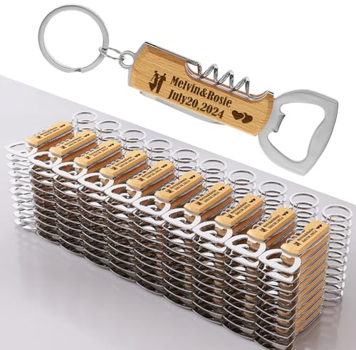Stepdiy 100 Stück Personalisierte Multifunktionale Hölzerne Flaschenöffner für Hochzeitsparty, Hochzeitsgeschenke für Gäste, gravierte Flaschenöffner Schlüsselanhänger aus Edelstahl, Holz