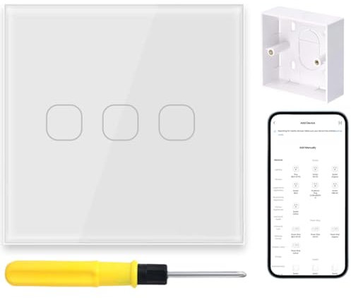 Acmerota Smart WiFi Touch Switch Compatible with Alexa and Google Home, 3 Gang 1 Way Wall Mount Light Control, Glass Panel, Neutral Wire Required with 35mm Mounting Box
