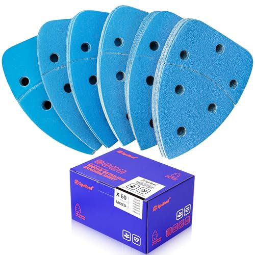 SpeTool Mouse Shape Sandpaper for Ryobi Detail Sander, 60PCS Ceramic Aluminum Oxide Sanding Discs Assortment 80 120 180 240 320 400 Grit - 6 Hole Hook and Loop Palm Sander Sanding Pads
