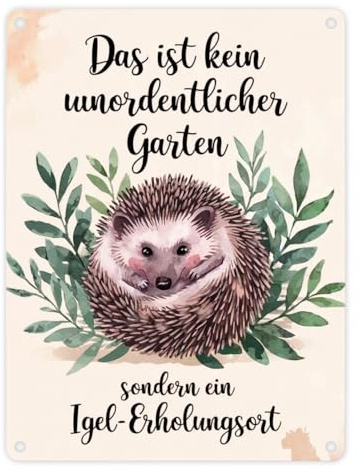 Igel-Erholungsort Metallschild in 15x20 cm mit Blättern Lustige Gartendeko für Naturliebhaber mit Igelmotiv
