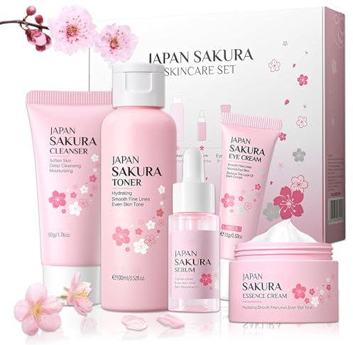 5 Piezas Sakura Set de Cuidado de la Piel con Limpiador,Tónico,Crema para Ojos,Suero,Crema Facial,Set De Cuidado De La Piel Sakura,Kit Sakura Cuidado de la Piel Mujer para Adolescentes y Mujeres