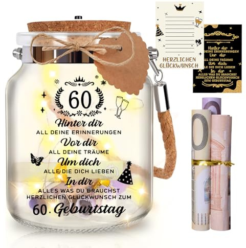 Sunwuun 60 Jahre Geburtstag Flaschenlicht LED Geldgeschenk Verpackung für Frau und Mann, Nachtlicht Deko, coole Geschenkideen zum 60. Geburtstag Tischdeko