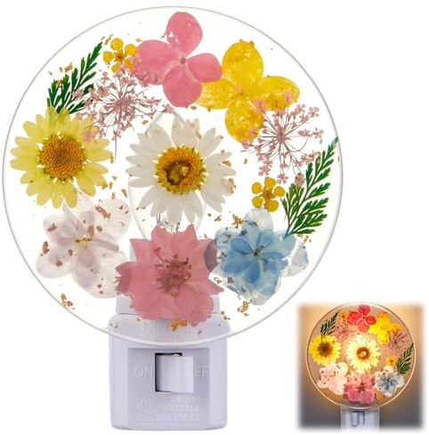 Glooglitter Pressed Flower Night Light Plug in - Handmade Dried Floral Wall Night Light, Soft Glow Decorative Nightlight for Hallway Bedroom Nursery Bathroom, Vintage Botanical Home Decor(Fresh Color)