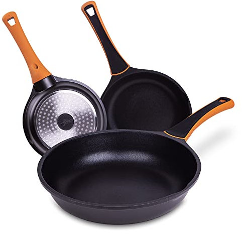 La Moustache - Set de Sartenes de 20/24/28 cm【Ebook +40 Recetas】con Antiadherente, sin PFOA/PFOS, Juego Apto para Inducción, Batería de Cocina Profesional de Aluminio, Mangos Antiquemadura (Ducane)