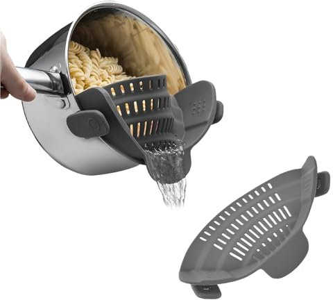 SONGWEITEC Colino a Scatto in Silicone, Scolapasta in Silicone con Clip, Scolapasta da Bordo Pentola, Colino Cucina, Accessorio da Cucina per Scolare Pasta, Carne, Verdura, Frutta e Spaghetti(Grigio)