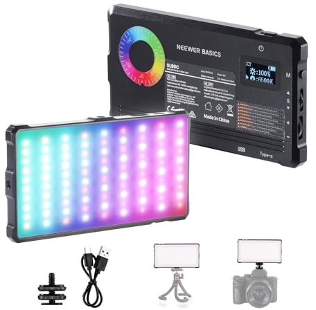 NEEWER Basics RGB Video Light, 8W 2700K-7500K Portable Full RGB Colors 17 Scenes CRI97, 4000mAh Rechargeable Metal Small LED Camera Panel Lighting for DSLR Tripod Streaming Video Recording, SL90C