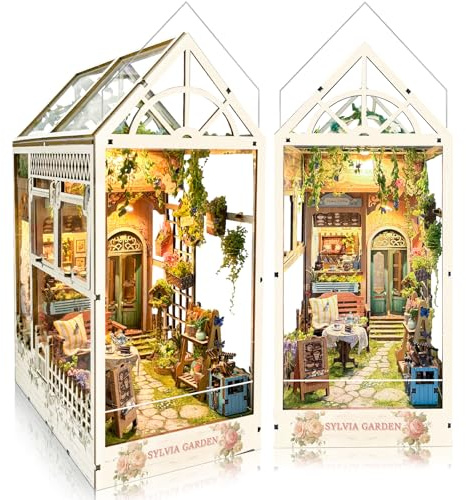 BELEEV Book Nook Kit DIY avec Lumière LED, 3D Puzzle Bois Miniature Maison a Construire, Décoration pour Enfant Etagère à Livres avec Housse Anti-Poussière, Cadeau pour Fille Garçon, Maison de Jardin