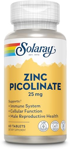 SOLARAY Picolinato de Zinc 25 mg - Suplementos de zinc para hombres y mujeres - Suplemento de apoyo inmunológico - Vegano, sin gluten, verificado en laboratorio, 60 porciones - 60 tabletas