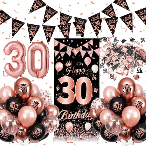 Palloncini 30 Anni Compleanno Rosa Nera, 30 Anni Compleanno Donna, Decorazioni 30 anni con Festone Buon Compleanno, Coriandoli, Palloncini in Lattice di Alluminio, Regalo Donna 30 Anni